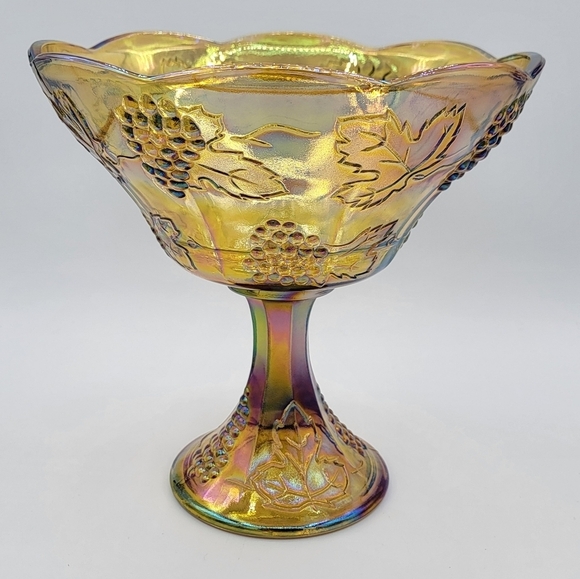 Vintage Carnival Glass Pedestal Bowl Marigold Sunflower #1935 - Picture 4 of 10